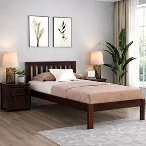 Solid Sheesham Wood Single Bed Cot with Slatted Headboard, Walnut Finish