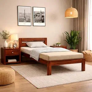 Solid Sheesham Wood Single Bed Cot with Strong Headboard, Honey Finish