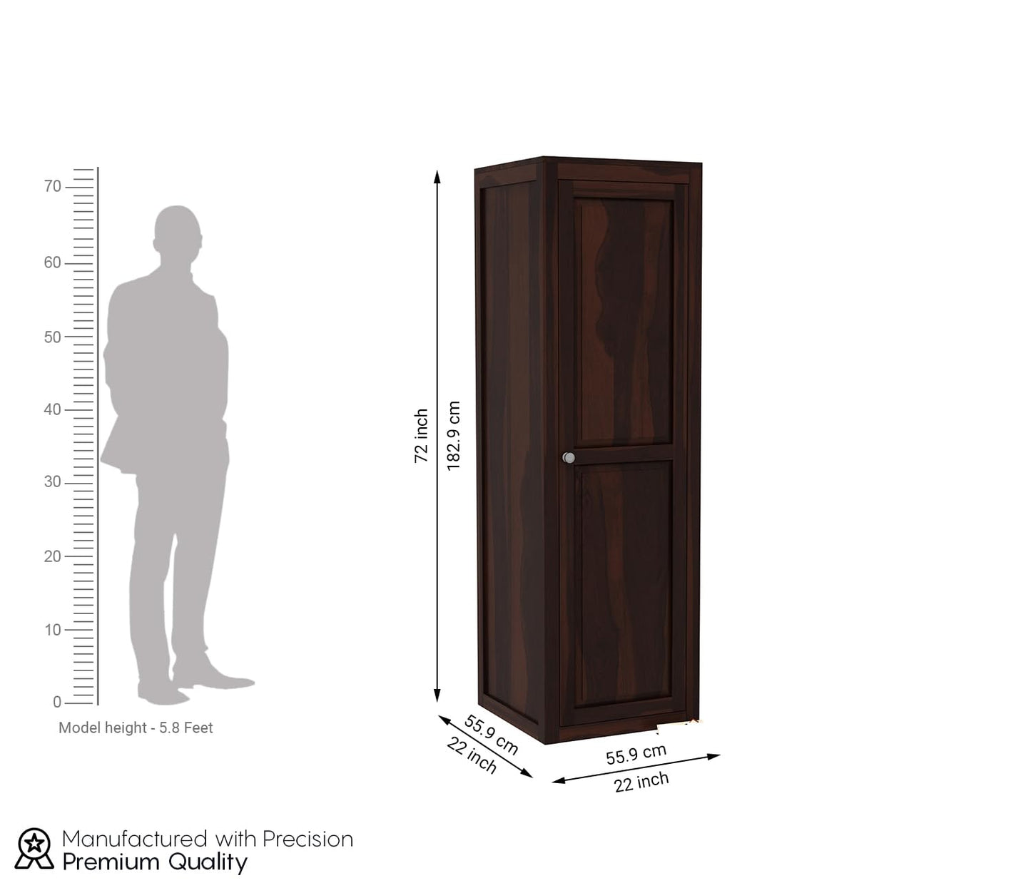 Solid Sheesham Wood Single Door Almirah Wardrobe with Shelves