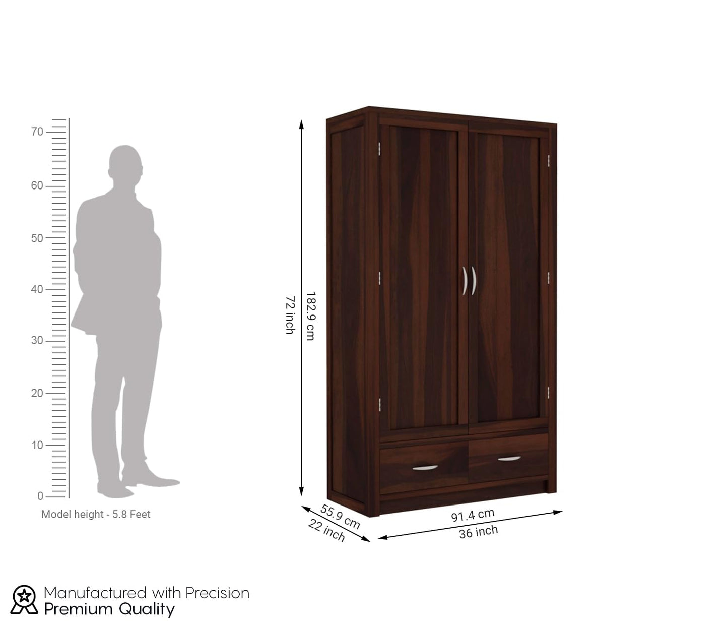 Solid Sheesham Wood 2-Door Wardrobe with Drawers