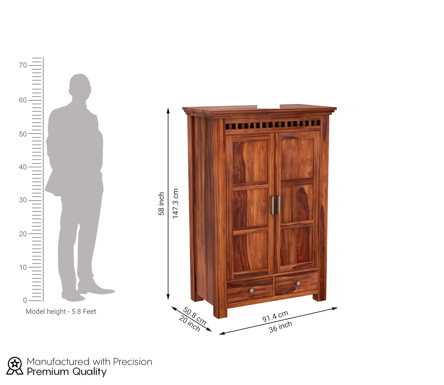 Solid Sheesham Wood 2-Door Wardrobe with Drawers & Shelves, Design 10