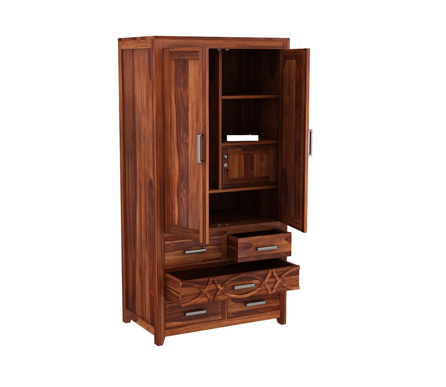 Solid Sheesham Wood 2-Door Wardrobe with 5 Drawers & Shelves