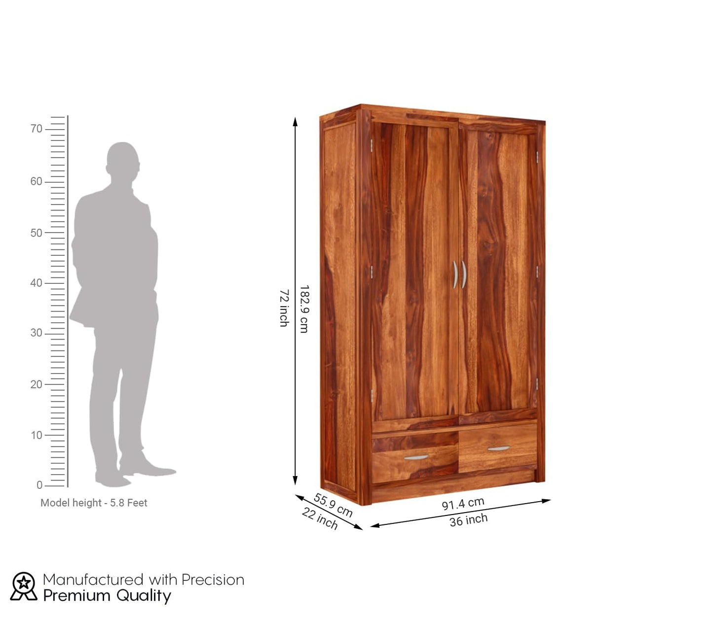 Solid Sheesham Wood 2-Door Wardrobe with Drawers & 4 Shelves