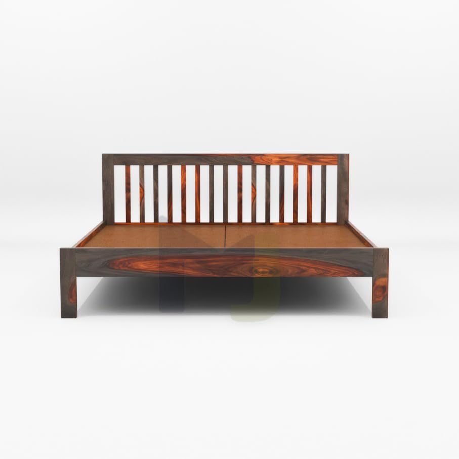Solid Sheesham Wood King Size Double Bed Without Storage, Dual Tone Finish