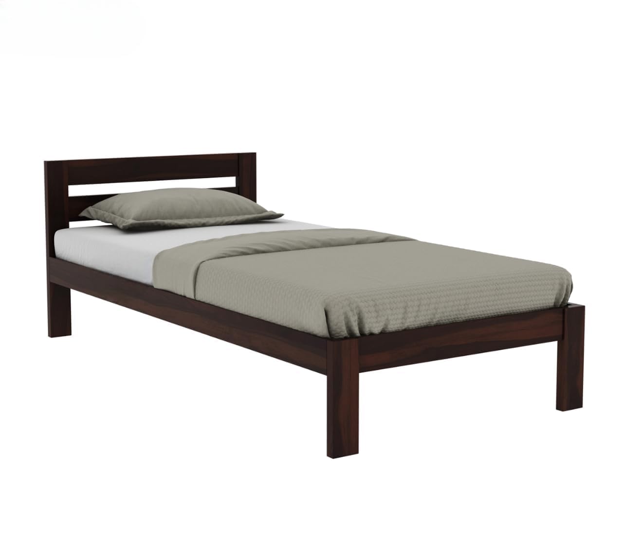 Solid Sheesham Wood Single Bed Cot with Strong Headboard, Walnut
