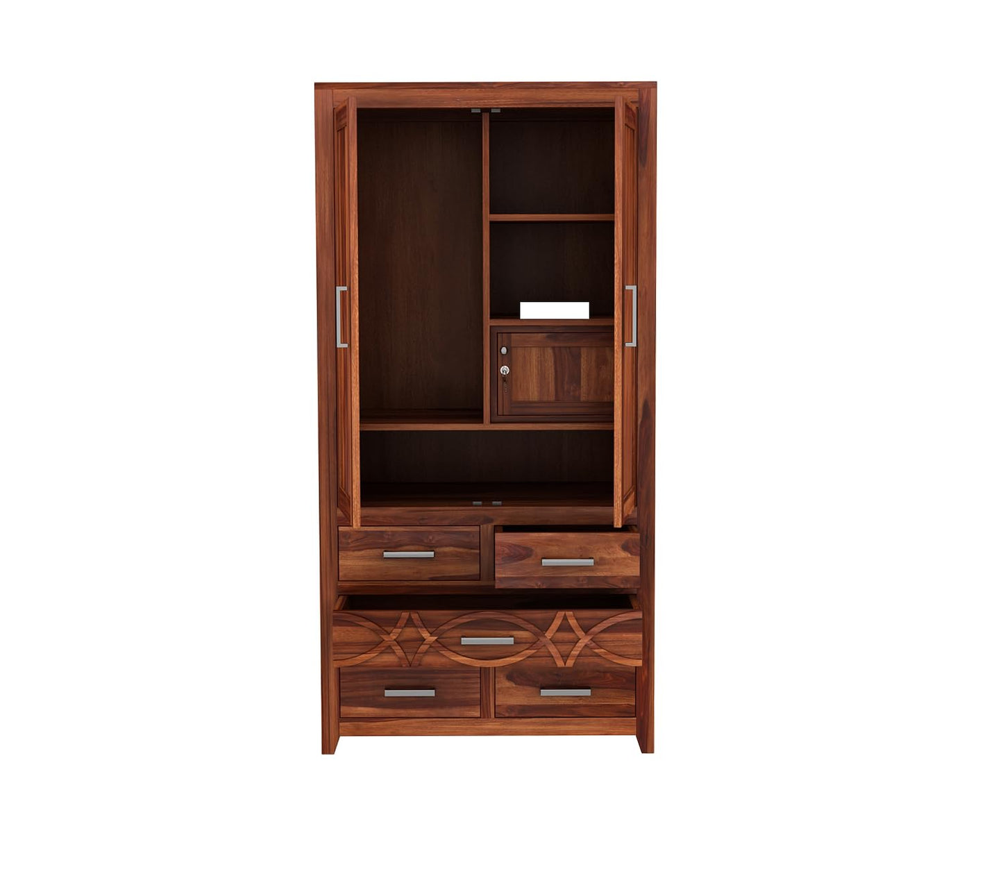 Solid Sheesham Wood 2-Door Wardrobe with 5 Drawers & Shelves