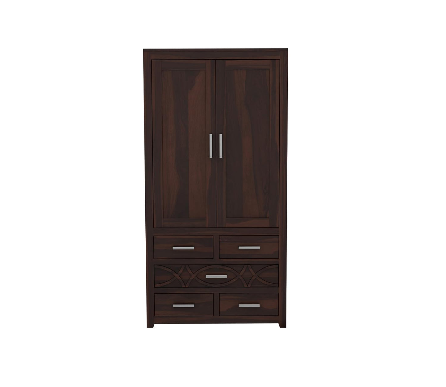 Solid Sheesham Wood 2-Door Wardrobe with 5 Drawers & Shelves