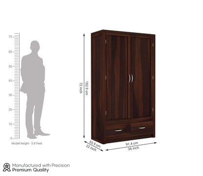 Solid Sheesham Wood 2-Door Wardrobe with Drawers