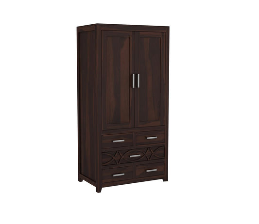 Solid Sheesham Wood 2-Door Wardrobe with 5 Drawers & Shelves
