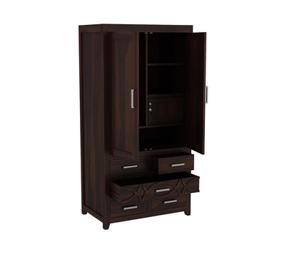 Solid Sheesham Wood 2-Door Wardrobe with 5 Drawers & Shelves