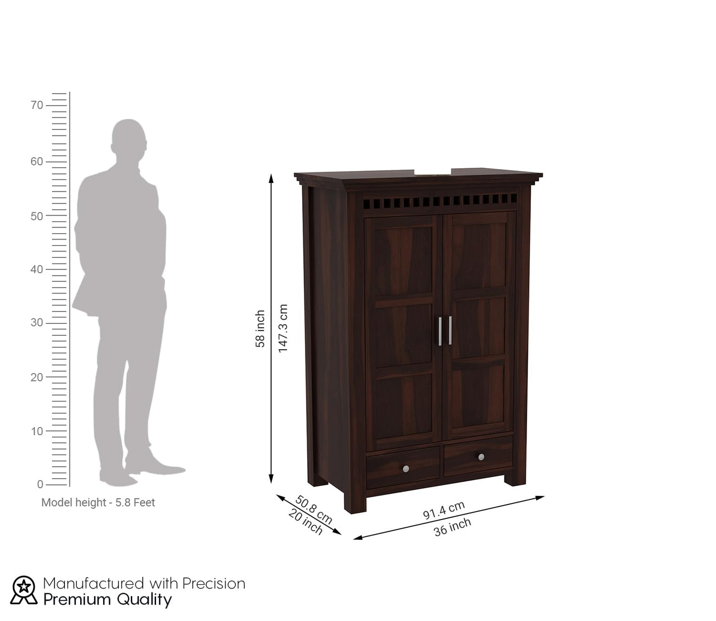 Solid Sheesham Wood 2-Door Wardrobe with Drawers & Shelves