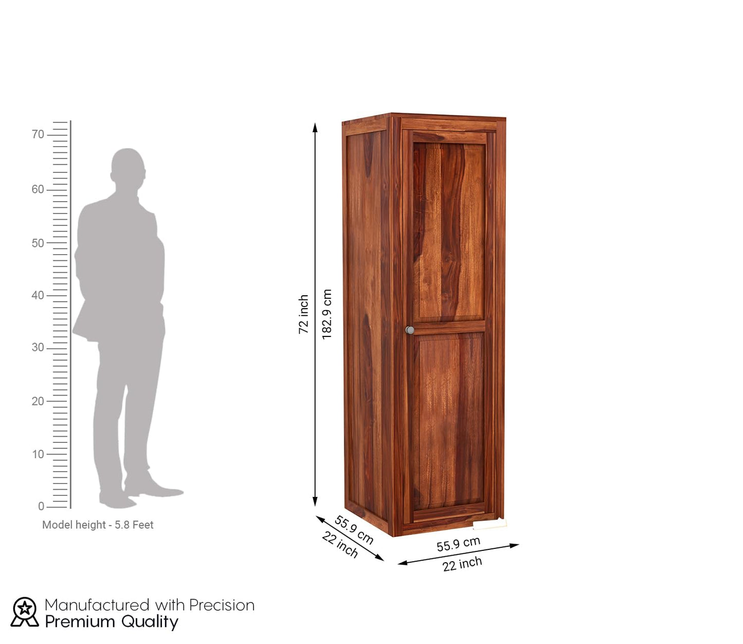 Solid Sheesham Wood Single Door Almirah Wardrobe with Shelves, Design 33