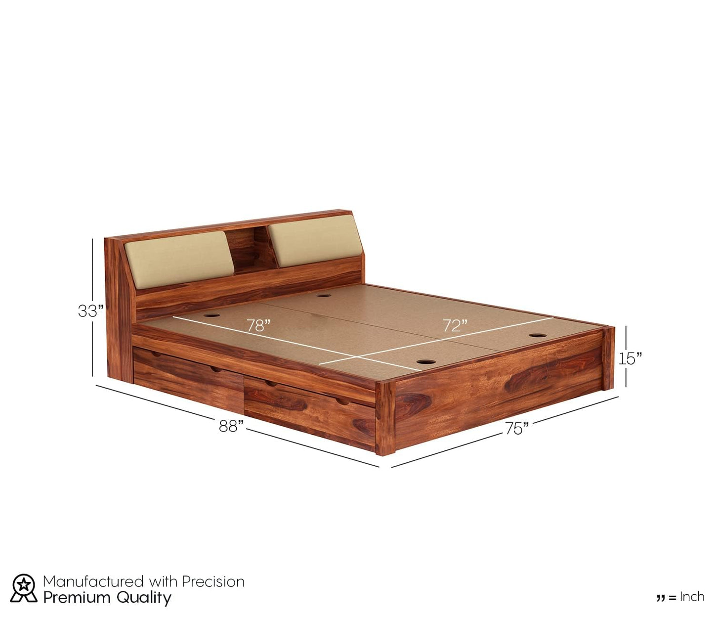Solid Sheesham Wood King Bed with 4 Drawers & Headboard Storage