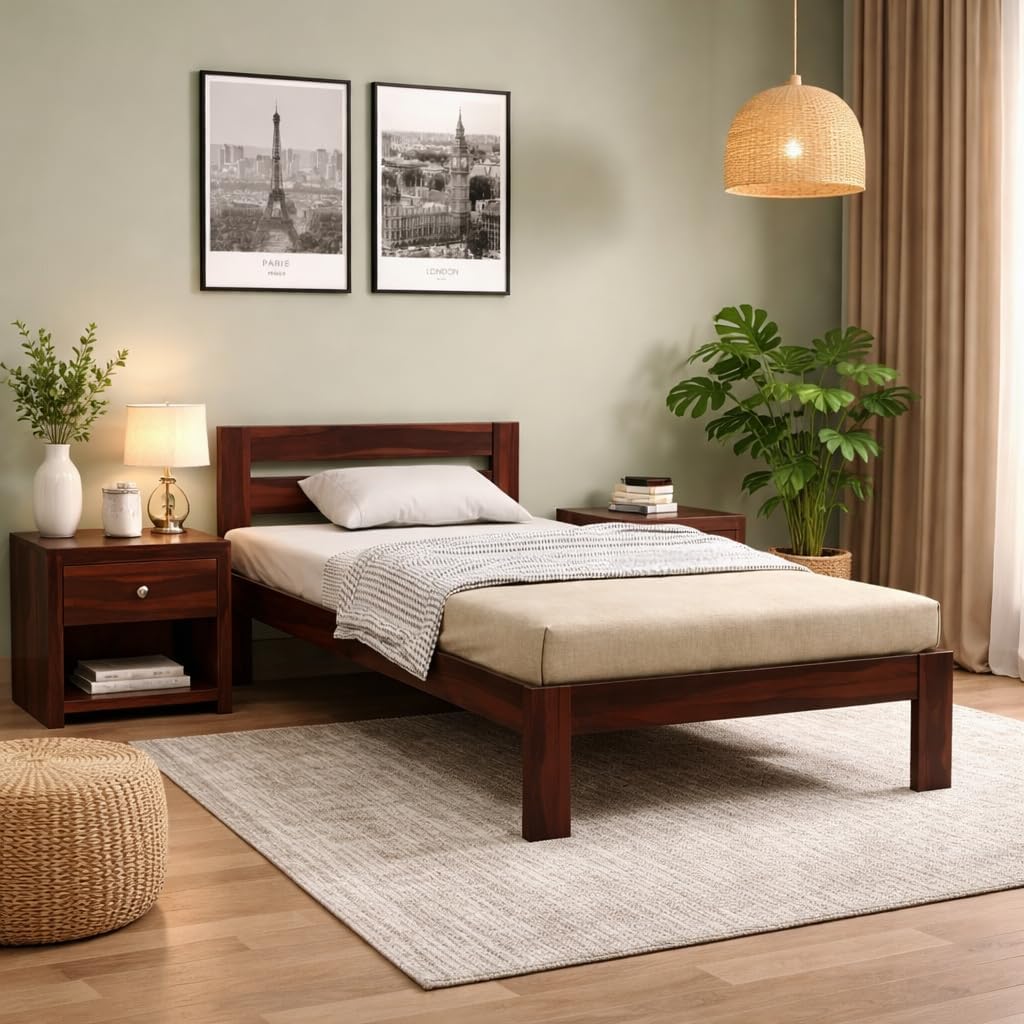 Solid Sheesham Wood Single Bed Cot with Strong Headboard, Walnut