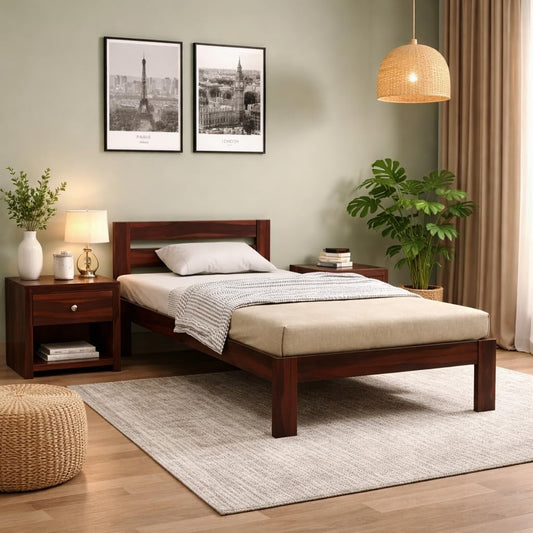 Solid Sheesham Wood Single Bed Cot with Strong Headboard, Walnut