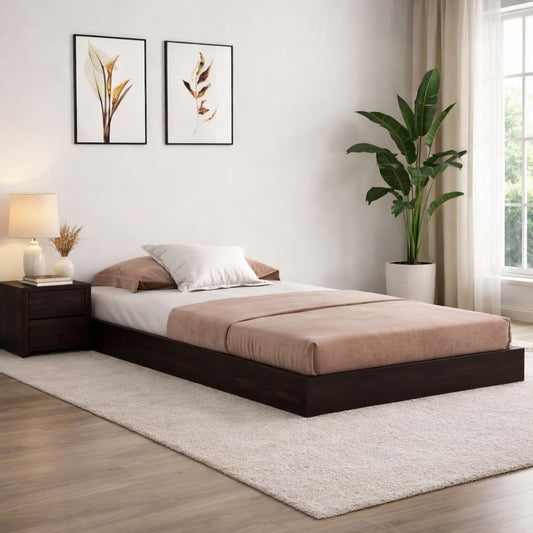 Solid Sheesham Wood Low Height Single Bed Cot Minimalist, Walnut Finish