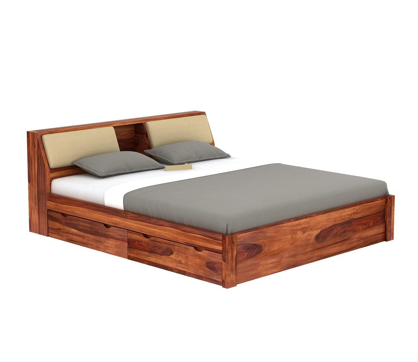 Solid Sheesham Wood King Bed with 4 Drawers & Headboard Storage