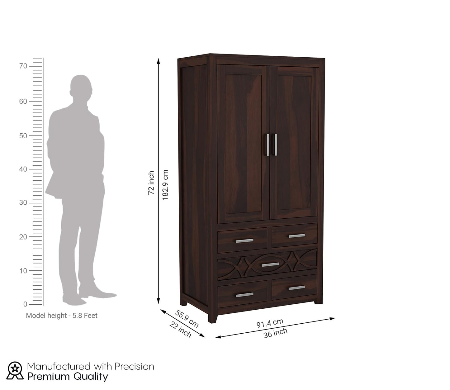 Solid Sheesham Wood 2-Door Wardrobe with 5 Drawers & Shelves
