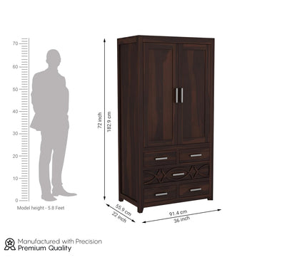 Solid Sheesham Wood 2-Door Wardrobe with 5 Drawers & Shelves