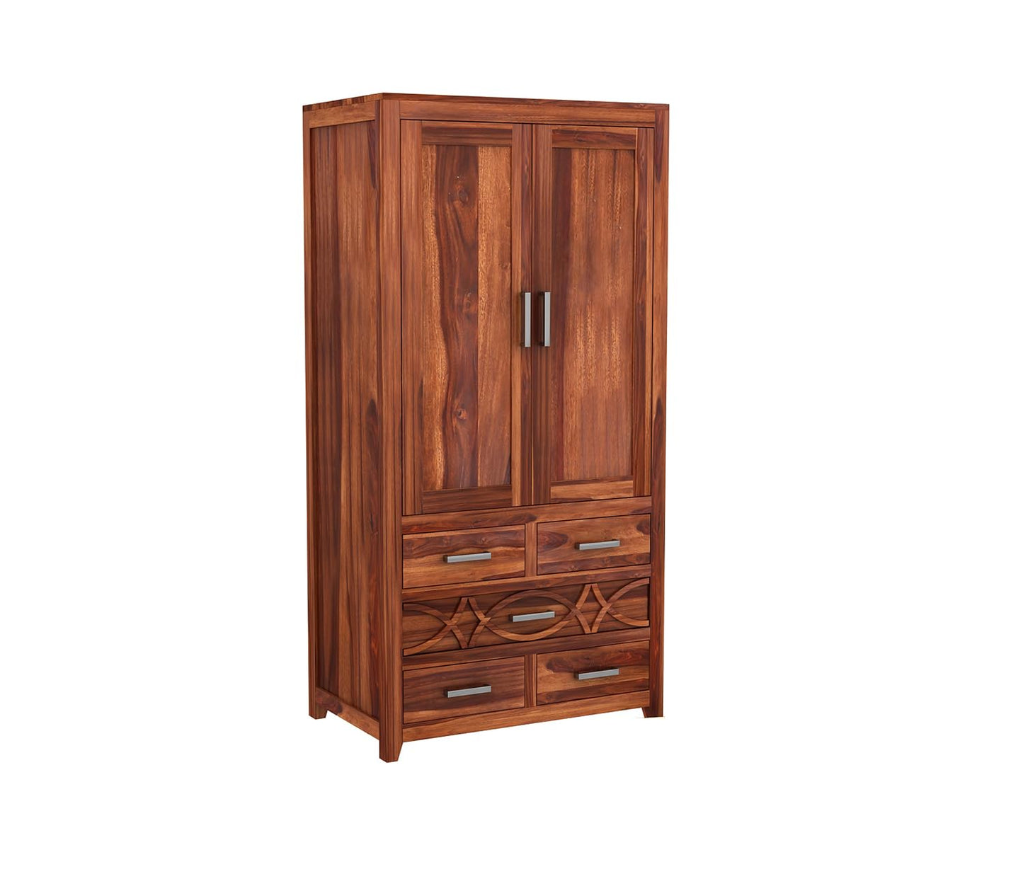 Solid Sheesham Wood 2-Door Wardrobe with 5 Drawers & Shelves