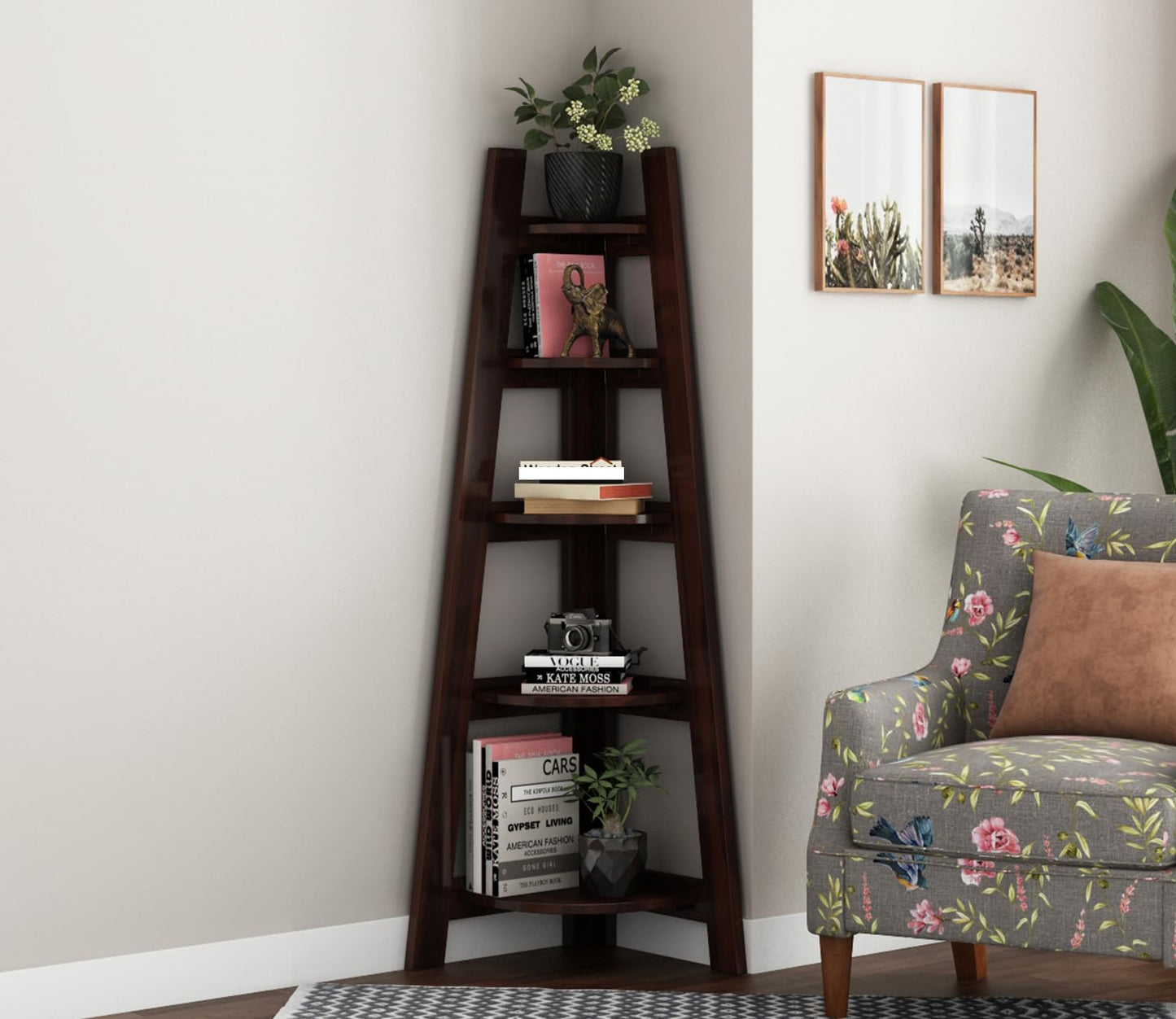 Solid Sheesham Wood Corner Ladder Bookshelf Display Rack