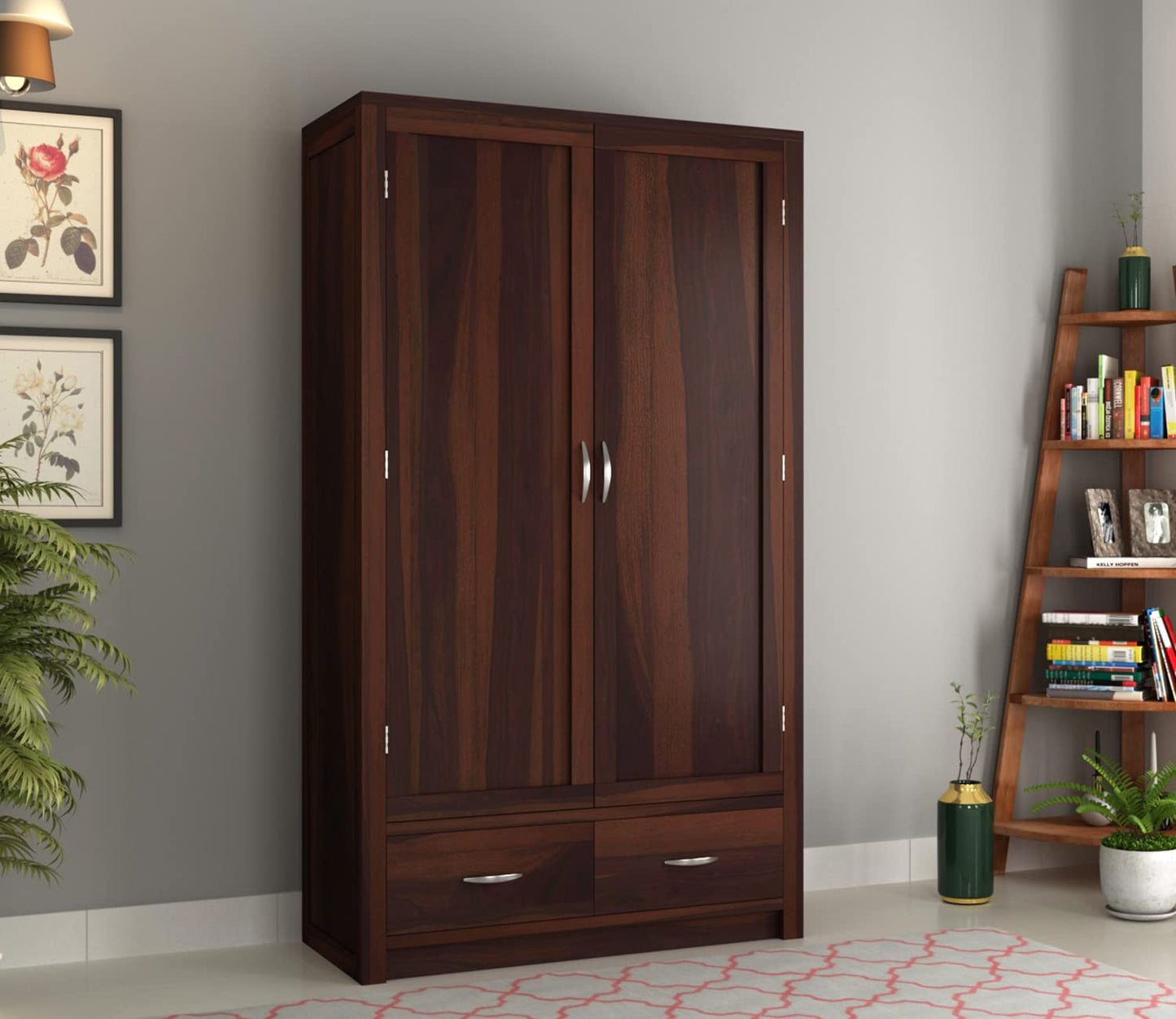 Solid Sheesham Wood 2-Door Wardrobe with Drawers