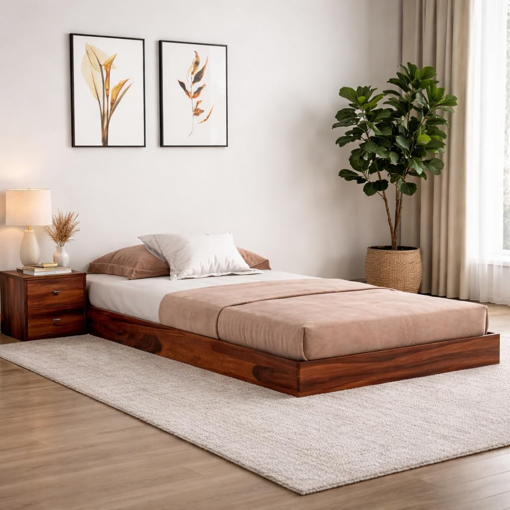 Solid Sheesham Wood Low Height Single Bed Cot Minimalist, Honey Finish
