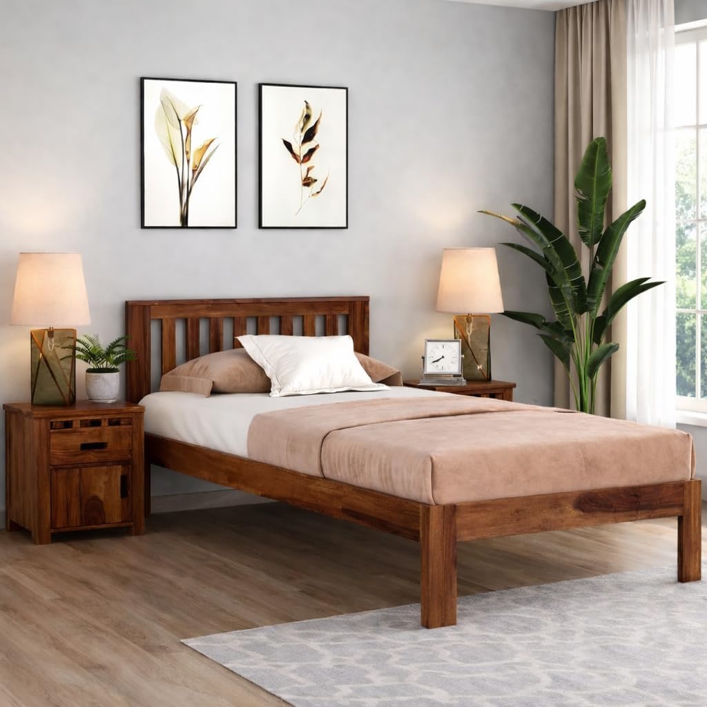 Solid Sheesham Wood Single Bed with Slatted Headboard