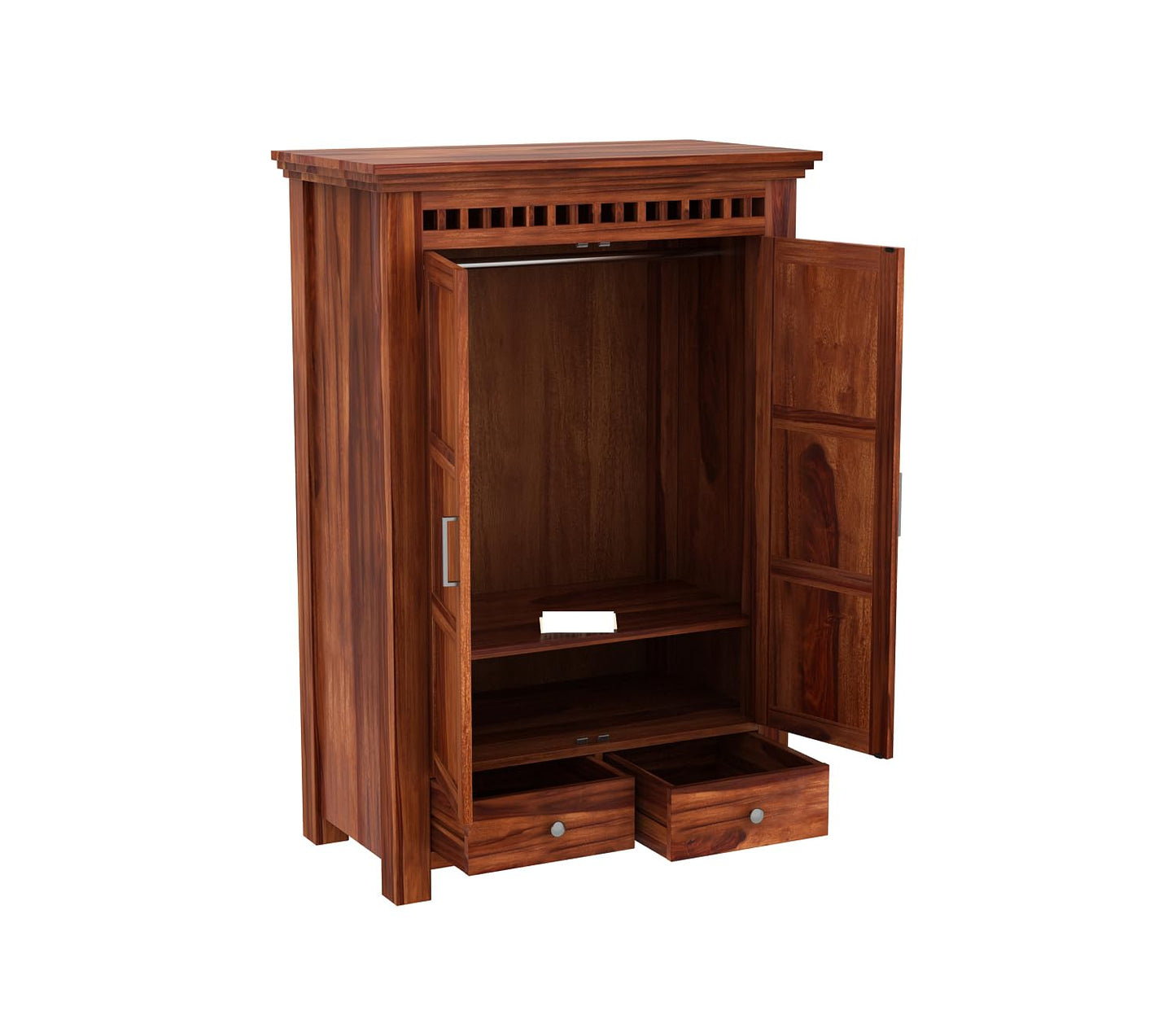 Solid Sheesham Wood 2-Door Wardrobe with Drawers & Shelves, Design 10