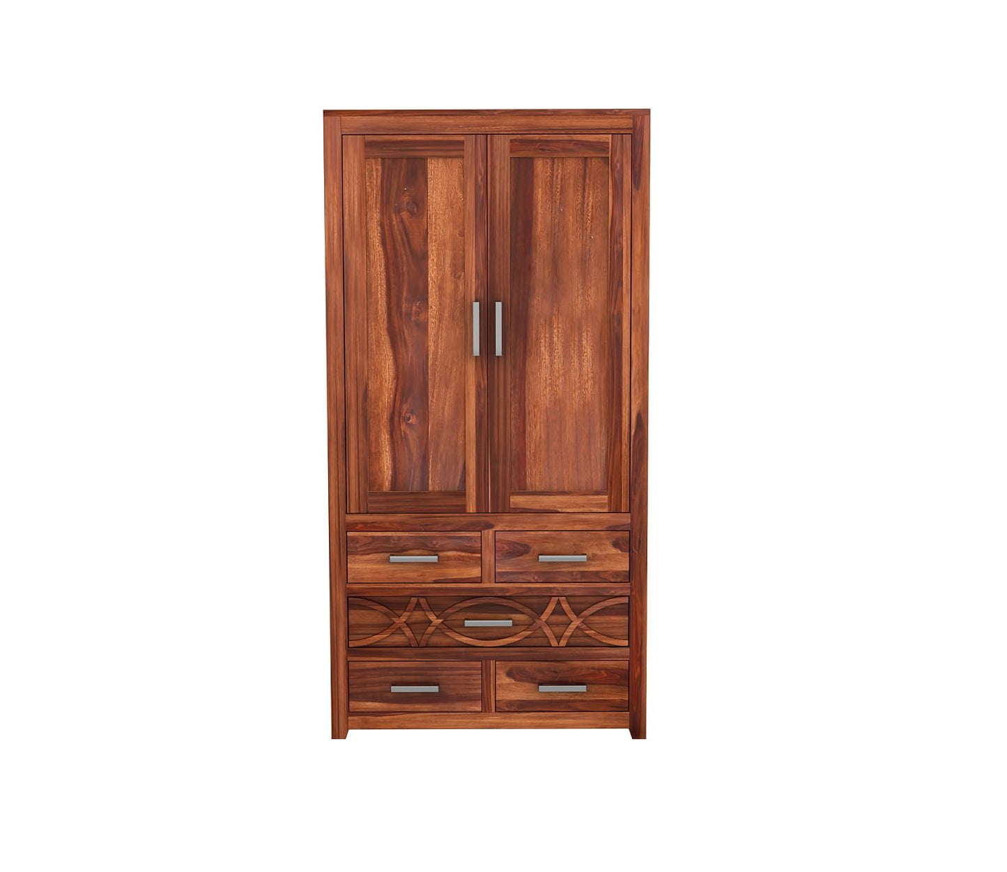 Solid Sheesham Wood 2-Door Wardrobe with 5 Drawers & Shelves