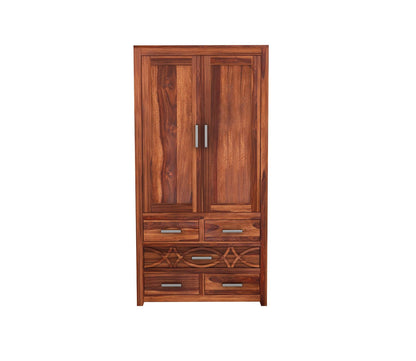Solid Sheesham Wood 2-Door Wardrobe with 5 Drawers & Shelves