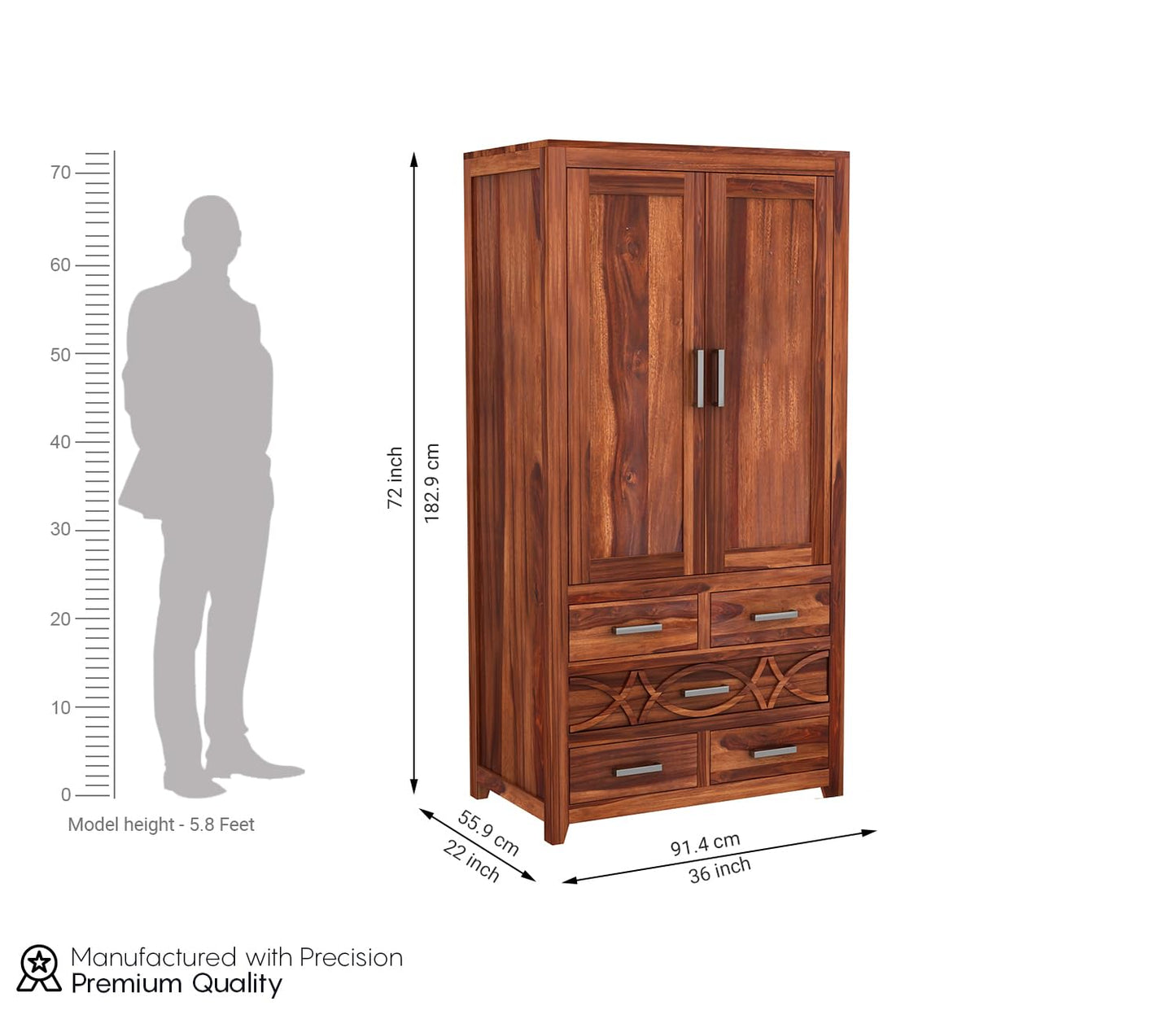 Solid Sheesham Wood 2-Door Wardrobe with 5 Drawers & Shelves