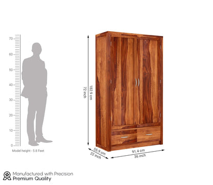 Solid Sheesham Wood 2-Door Wardrobe with Drawers & 4 Shelves