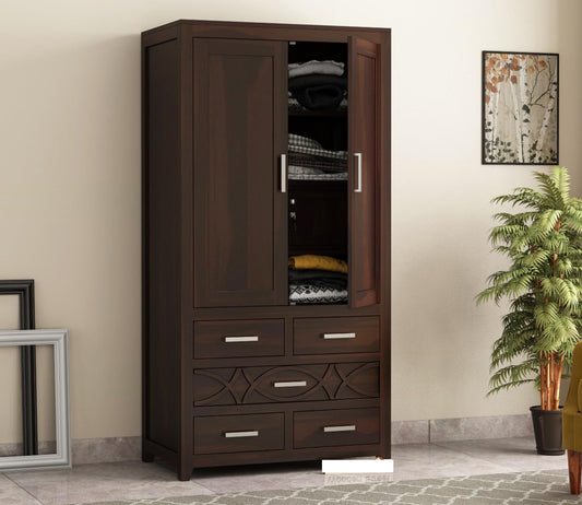 Solid Sheesham Wood 2-Door Wardrobe with 5 Drawers & Shelves