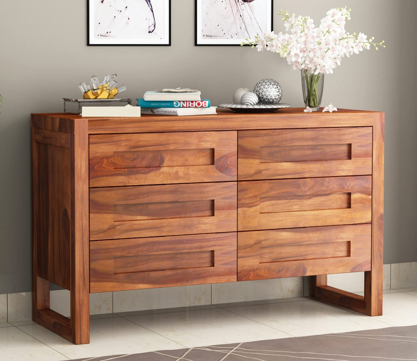 Solid Sheesham Wood 6-Drawer Chest of Drawers Sideboard Wilson Honey