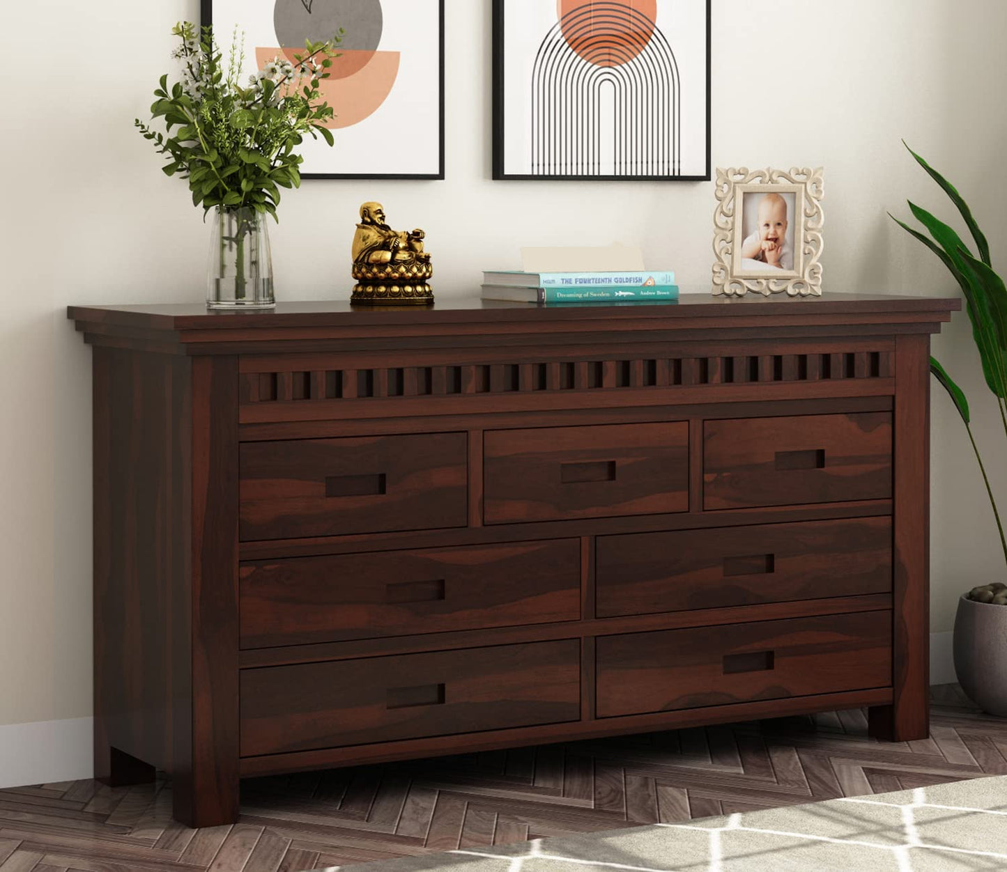 Solid Sheesham Wood 7-Drawer Chest of Drawers | Walnut Finish