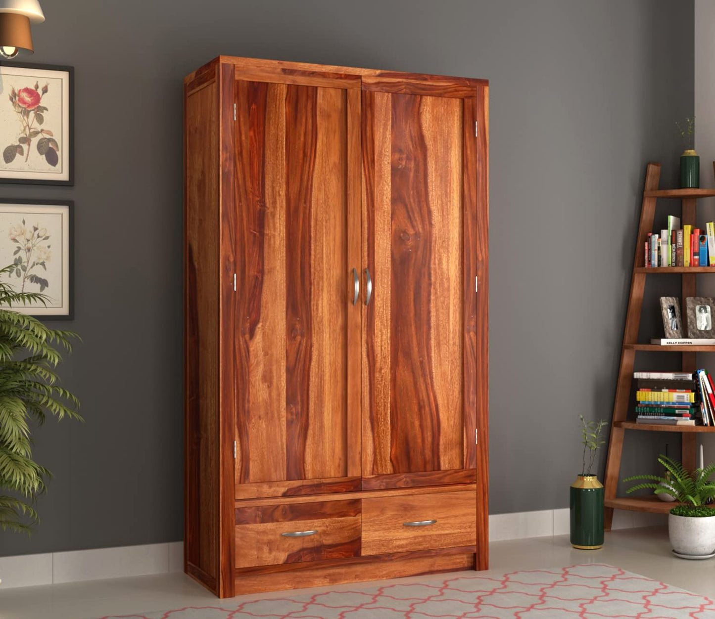 Solid Sheesham Wood 2-Door Wardrobe with Drawers & 4 Shelves