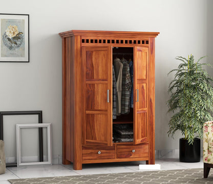 Solid Sheesham Wood 2-Door Wardrobe with Drawers & Shelves, Design 10