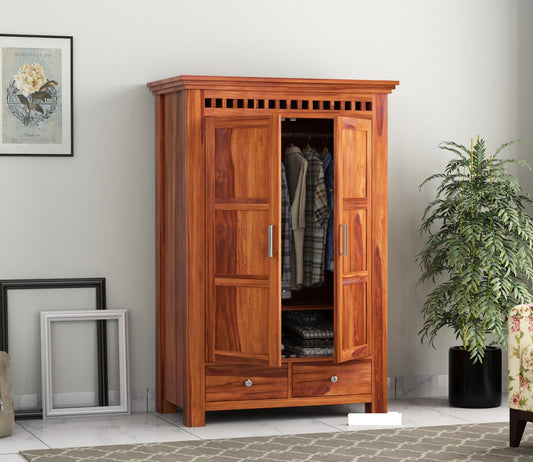 Solid Sheesham Wood 2-Door Wardrobe with Drawers & Shelves, Design 10