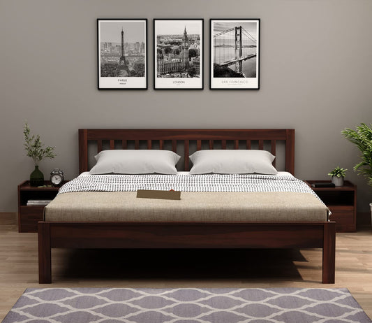 Solid Sheesham Wood King Size Bed Cot Without Storage, Walnut Finish