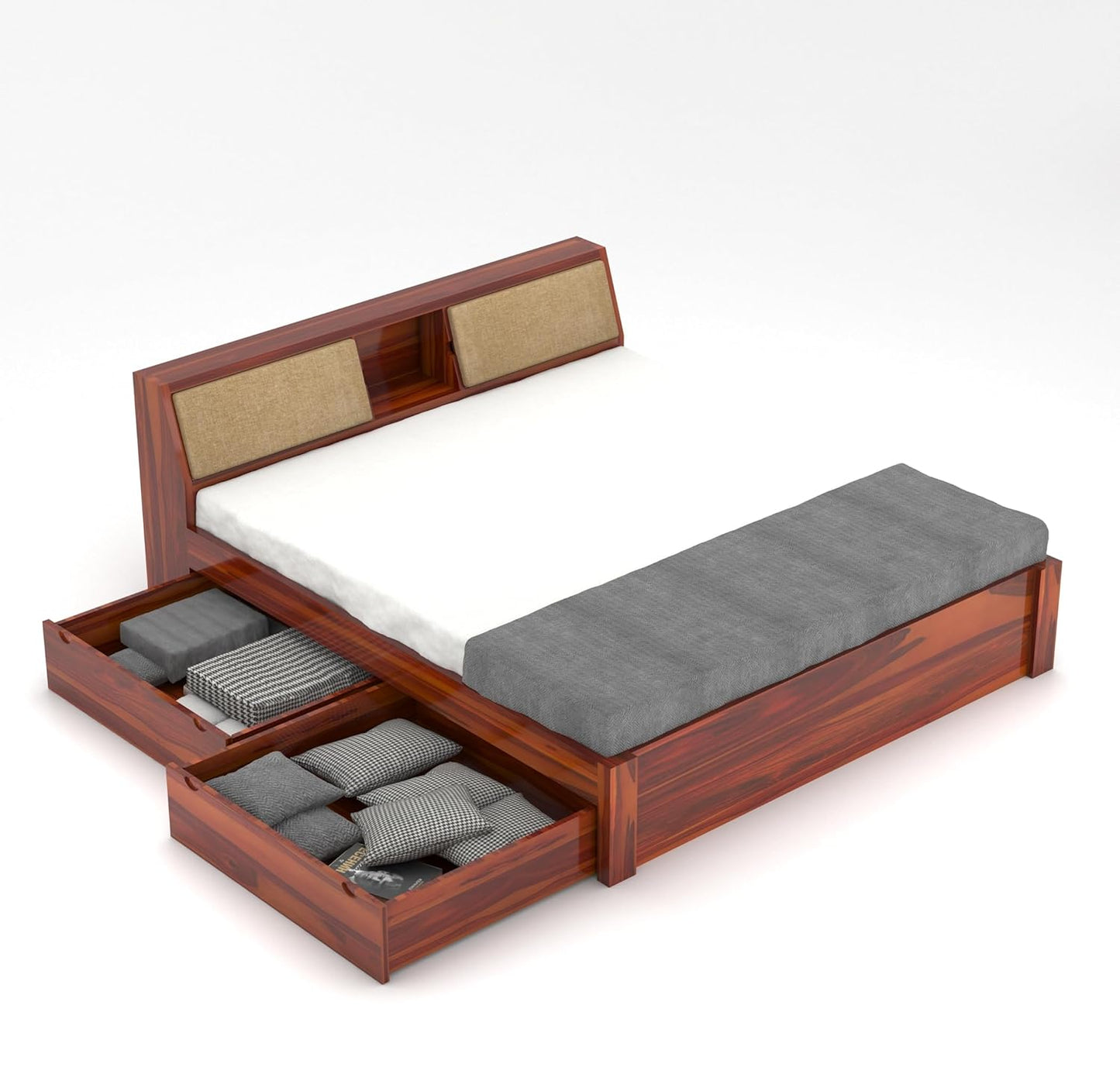 Solid Sheesham Wood Queen Size Bed with Storage & Cushioned Headboard