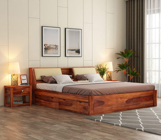 Solid Sheesham Wood King Bed with 4 Drawers & Headboard Storage