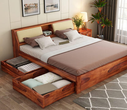 Solid Sheesham Wood King Bed with 4 Drawers & Headboard Storage