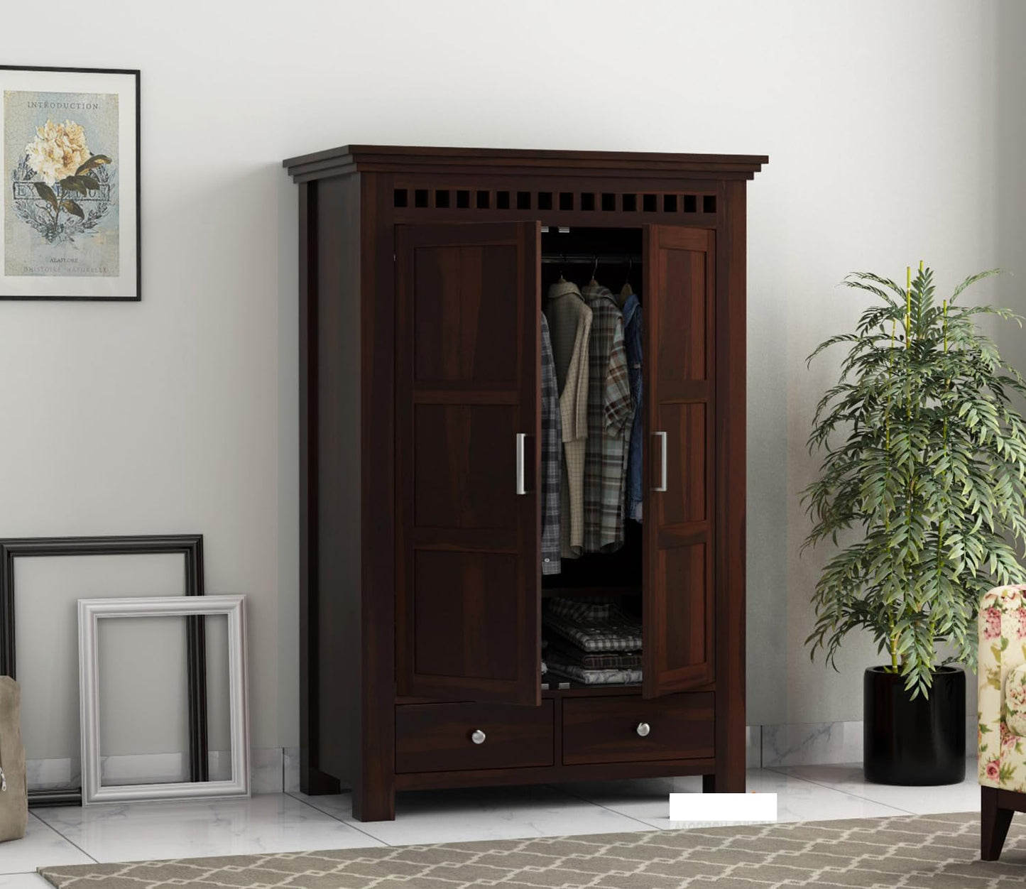 Solid Sheesham Wood 2-Door Wardrobe with Drawers & Shelves