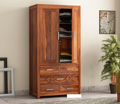 Solid Sheesham Wood 2-Door Wardrobe with 5 Drawers & Shelves