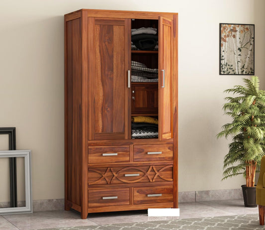 Solid Sheesham Wood 2-Door Wardrobe with 5 Drawers & Shelves