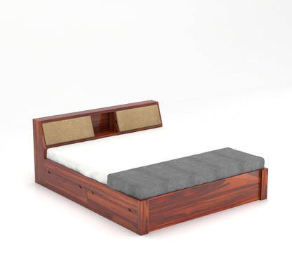 Solid Sheesham Wood Queen Size Bed with Storage & Cushioned Headboard