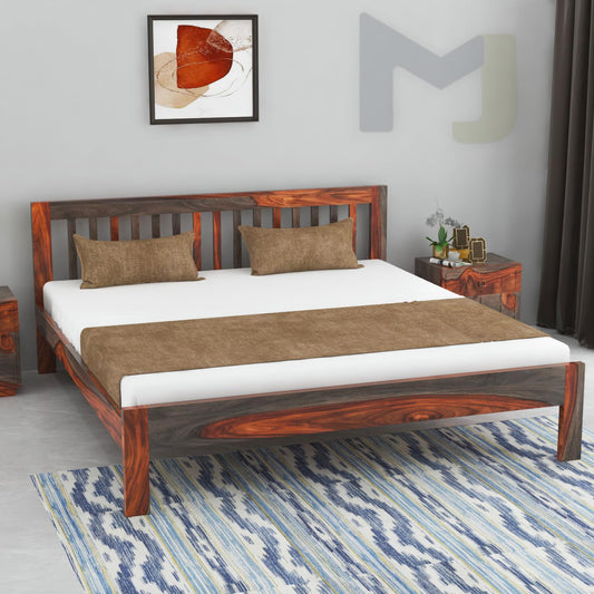 Solid Sheesham Wood King Size Double Bed Without Storage, Dual Tone Finish