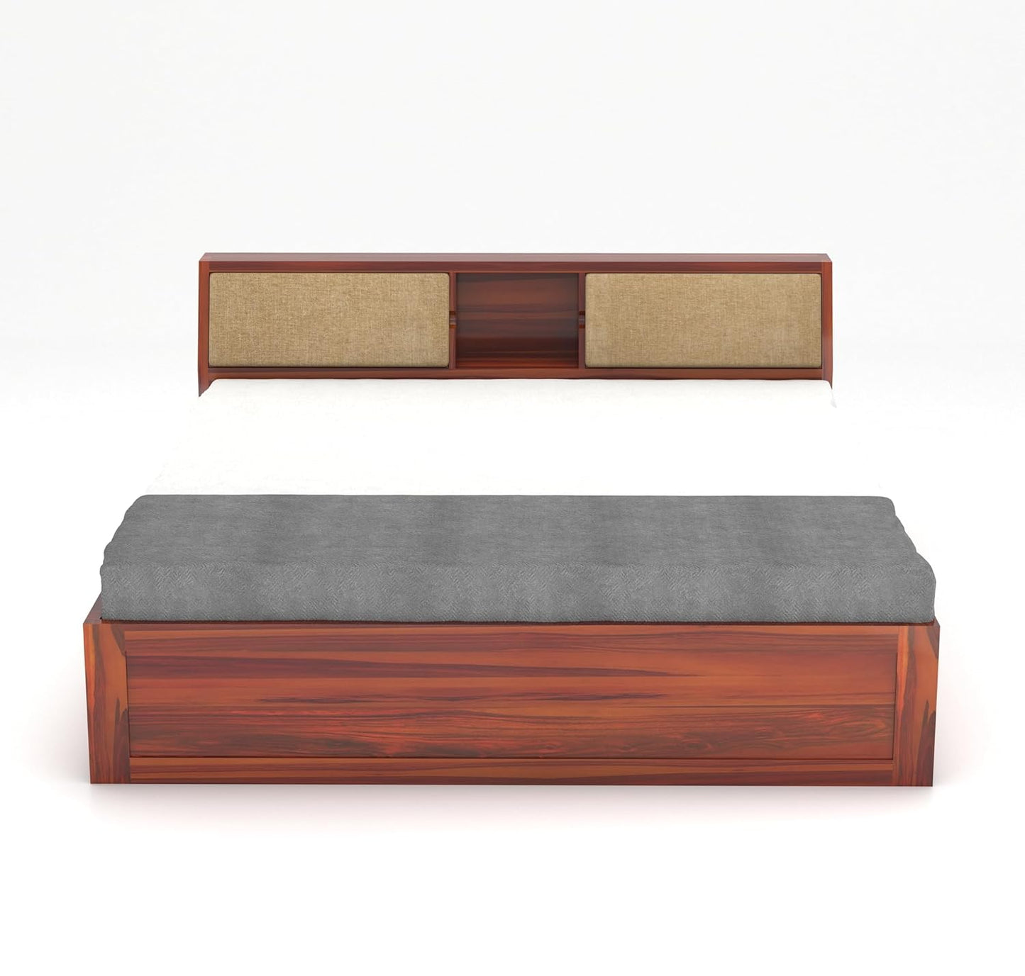 Solid Sheesham Wood Queen Size Bed with Storage & Cushioned Headboard