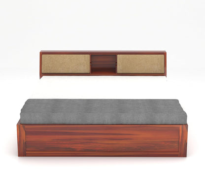 Solid Sheesham Wood Queen Size Bed with Storage & Cushioned Headboard